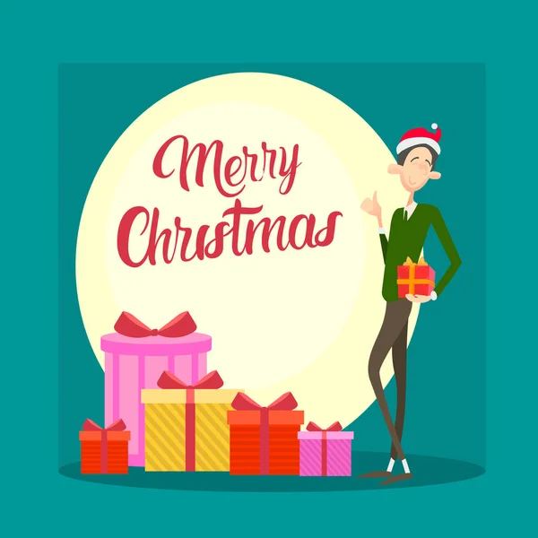 Happy obchodní muž drží současné Box dárek Veselé Vánoce a nový rok — Stockový vektor
