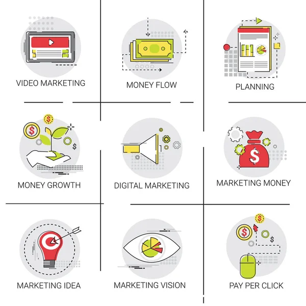 Visión de marketing digital Conjunto de iconos de economía empresarial — Vector de stock