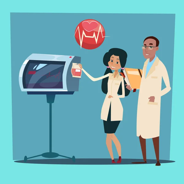 Medical Doctor Team Man en vrouw cardioloog analyse Cardiogram — Stockvector