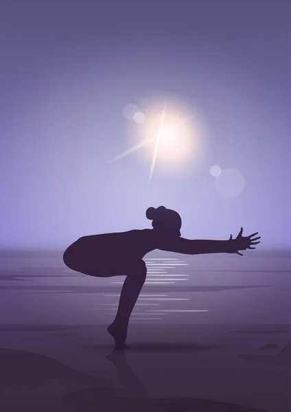 Chica Yoga Posición Deporte Fitness Mujer Ejercicio Ejercicio Silueta En Luz de Luna — Vector de stock