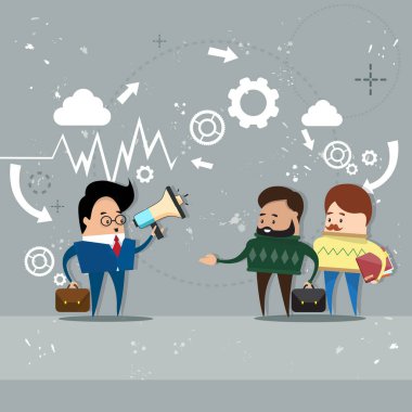 İşadamı patron tutun megafon hoparlör meslektaşları iş adamları takım lideri