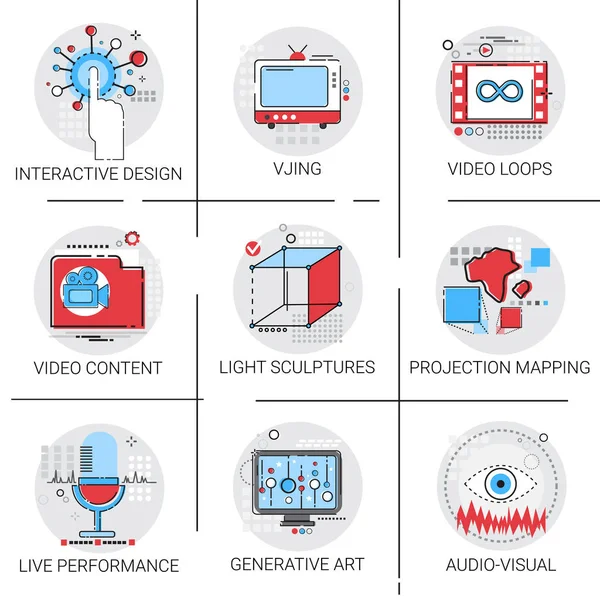 Видеоконтент Визуальный Мультимедиа Современное искусство Интерактивный Дизайн Набор иконок — стоковый вектор