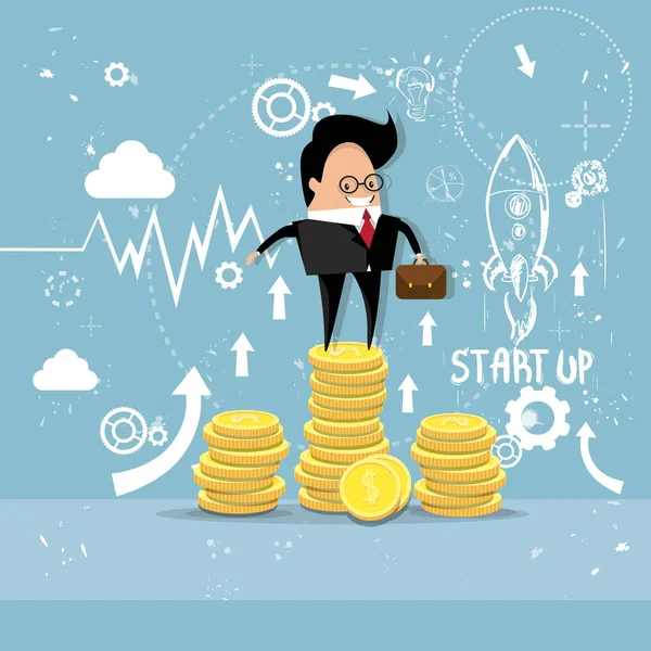 Business Man Project Successful Startup Earn Money Flying Rocket — Stock Vector