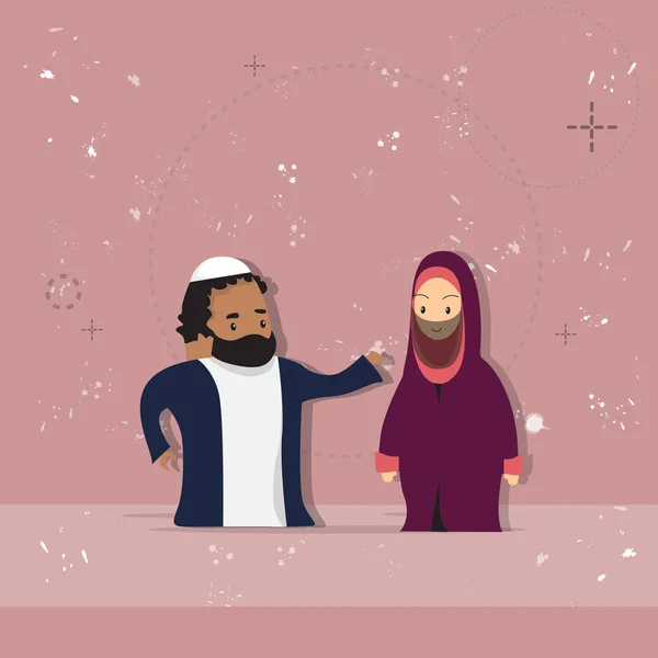 阿拉伯的女性和男性夫妇卡通女人男人，穆斯林人肖像 — 图库矢量图片