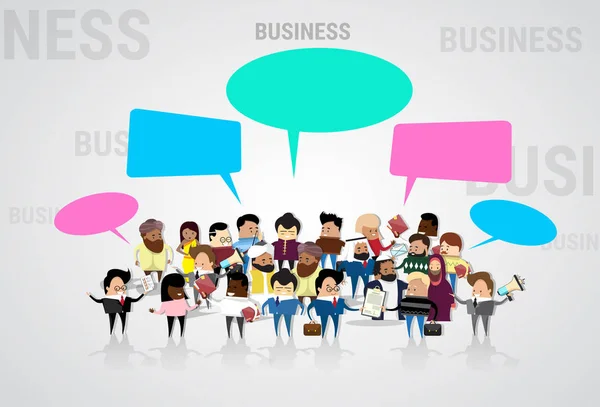 Gruppo di uomini d'affari Cartoon Mix Race Businesspeople Parlare di Chat Comunicazione Social Network — Vettoriale Stock