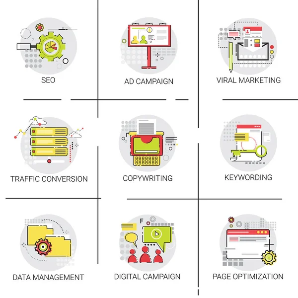 Conversione del traffico Seo Marketing Campagna pubblicitaria Ottimizzazione Gestione dati Icona Set — Vettoriale Stock