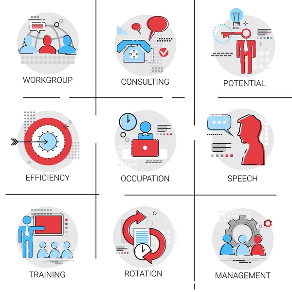 Zarządzania Business Team Leadership ikona zestaw zawód szkolenia potencjalnych kolekcji mowy — Wektor stockowy