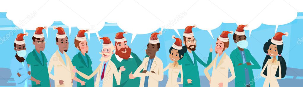 Group Medial Doctors Team With Chat Box Wear Santa Claus Hat Merry Christmas And Happy New Year Banner