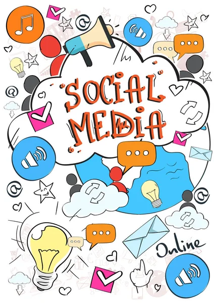 Szociális média kommunikációs fogalom internetes hálózati kapcsolat emberek Doodle kézzel húz vázlat háttér — Stock Vector