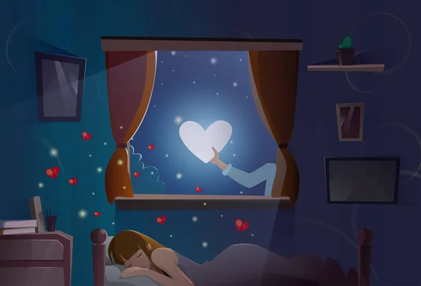 День Святого Валентина Подарочная карта Праздничная девочка Спящая Луна Сердце формы символ любви — стоковый вектор