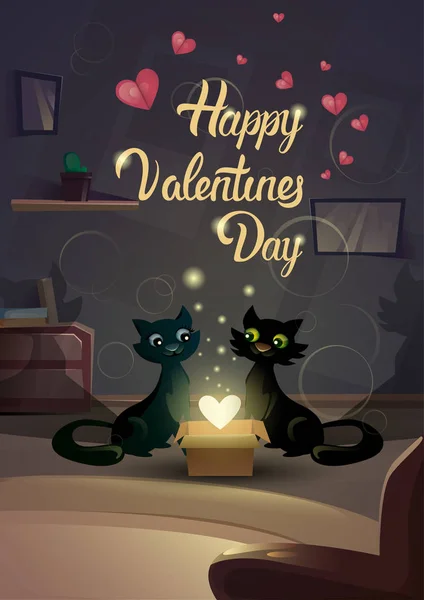 Sevgililer günü hediye kartı tatil kedi çift kalp şekli parlayan aşk — Stok Vektör
