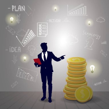 Siluet iş adamı ile kroki finansal grafik Finans başarı raporu