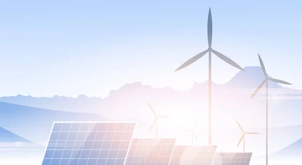 Wind Turbine Solar Panel Alternative Energy Source Nature Background Banner — Stock Vector