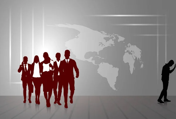 Silhouette Businesspeople Group Homme d'affaires et femme Esquisse Carte du monde abstraite Contexte — Image vectorielle