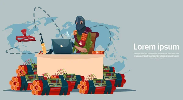 Terrorisme terroriste armé masque noir tenir arme mitrailleuse planification mondiale d'attaque — Image vectorielle