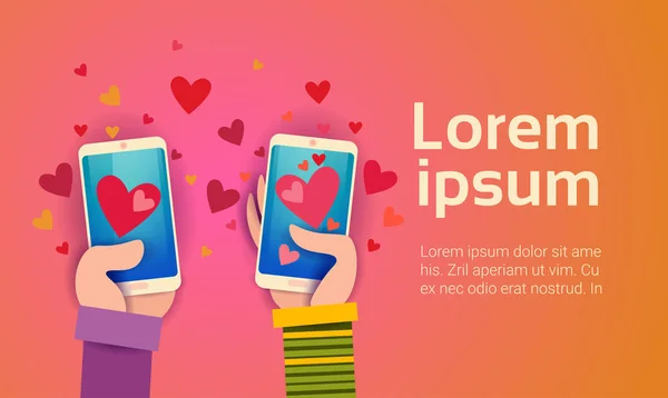 Valentine dzień prezent karty Holiday miłość ręką przytrzymaj komórki inteligentny telefon sieci społecznej komunikacji — Wektor stockowy