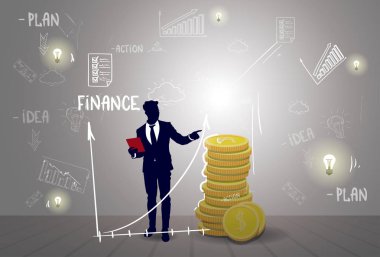 Siluet iş adamı ile kroki finansal grafik Finans başarı raporu