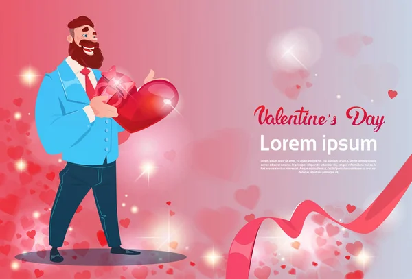Valentine dag Gift Card vakantie Man met liefde hart vorm — Stockvector