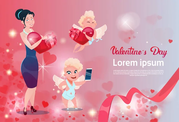 Valentine dzień prezent karty Holiday miłości kobieta z grupy Cupid Serce — Wektor stockowy