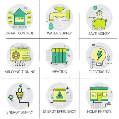 Elektrik enerji kaynağı güç buluş, ısınma, akıllı kontrol, Klima Icon Set