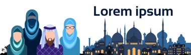Arap insanlar grubu Arapça erkek ve kadın üzerinde Müslüman Cityscape cami Binası