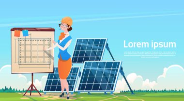 İş kadın güneş enerjisi paneli yenilenebilir istasyonu sunumu