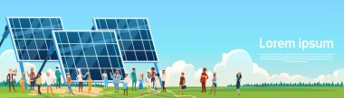 İş adamları güneş enerjisi paneli yenilenebilir istasyonu tanıtım grubu