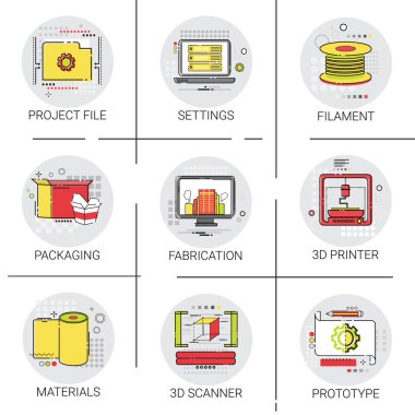 3D yazıcı Modern teknoloji proje dosyası Sanayi üretim Icon Set