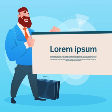 İş adamı tutun beyaz tahta, bir boş kopya alanı, iş adamı çizgi film gösterilen