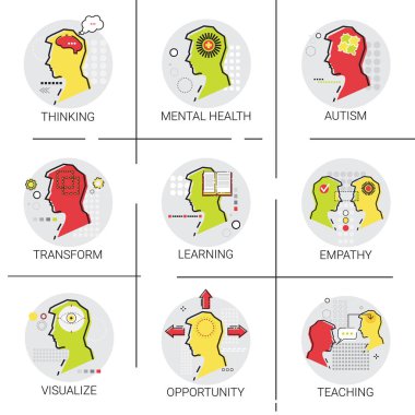 Autism Mental Health Brain Activity, People Feeling, Knowledge Learning Online Education Icon Set clipart