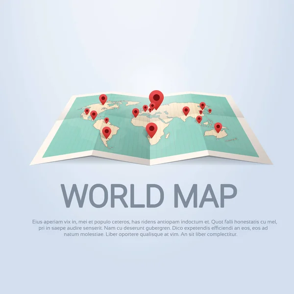 Mapa del mundo Tierra con alfileres Concepto de viaje — Vector de stock