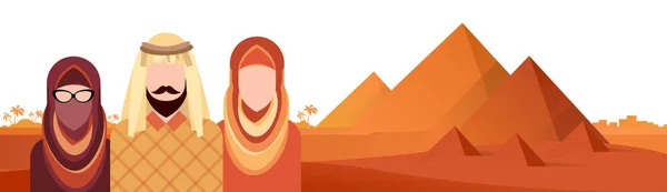 Arabische mensen groep islamitische Arabische Man en vrouw piramides achtergrond — Stockvector