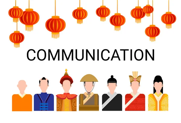 Asia People Group Chat Bubble Communication Concept, Asian Talking Chinese Man Red Social — Archivo Imágenes Vectoriales