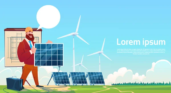 Man Wind Turbine zonne-energie Panel hernieuwbare Station presentatie — Stockvector