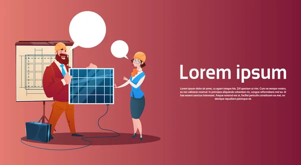 Muž a žena solární Panel prezentace obnovitelných stanice — Stockový vektor