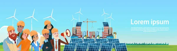 Obchodní skupiny lidí vítr Tribune solární Panel obnovitelné stanice prezentace — Stockový vektor