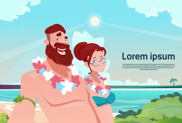 Pareja en vacaciones de verano vacaciones Tropical Ocean Island Hombre y mujer Hawaii Luna de miel — Vector de stock