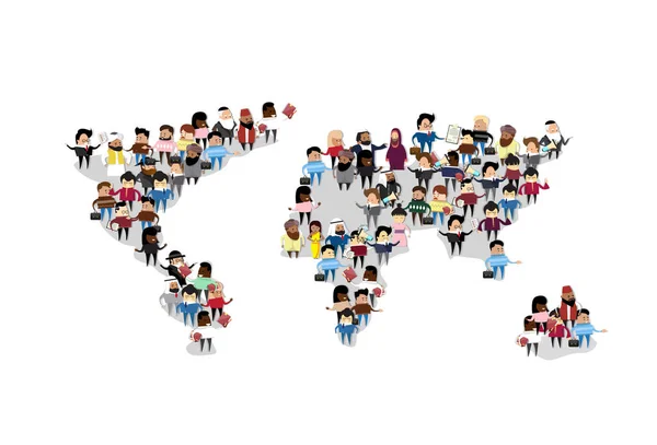İnsanlar grubu kalabalık dünya harita uluslararası iletişim — Stok Vektör