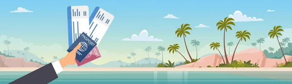 Φόντο χέρι εκμετάλλευση εισιτήριο επιβίβασης Pass ταξιδιωτικό έγγραφο παραθαλάσσιο διακοπές θάλασσα παραλία — Διανυσματικό Αρχείο