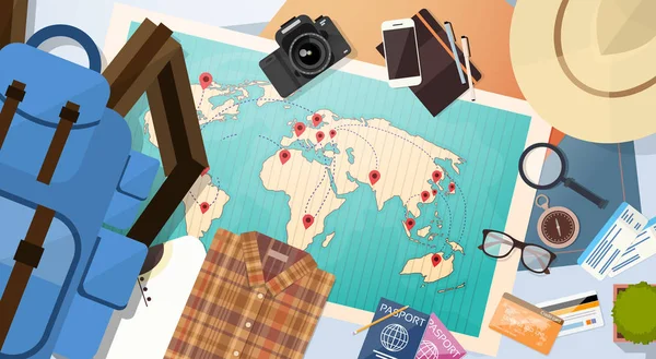 Documento de equipaje de viaje Mapa del mundo con pasadores Concepto de vacaciones — Vector de stock