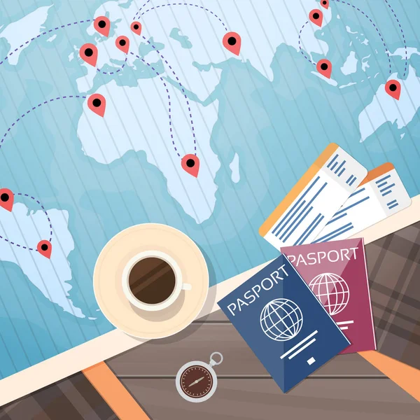 Jegy beszállókártya utazási dokumentumot világ Térkép-val csap nyaralás koncepció — Stock Vector