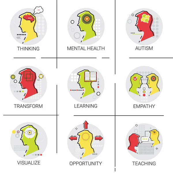 Autizmus mentális egészségügyi agyi aktivitás, az emberek érzés, tudás, tanulás, Online oktatás Icon Set — Stock Vector