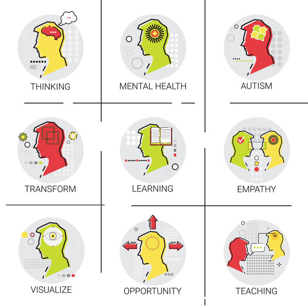 Autism Mental Health Brain Activity, People Feeling, Knowledge Learning Online Education Icon Set