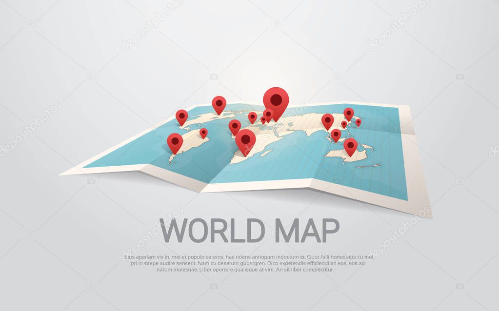 World Map Earth With Pins Travel Concept