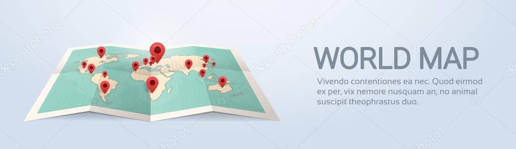 World Map Earth With Pins Travel Concept