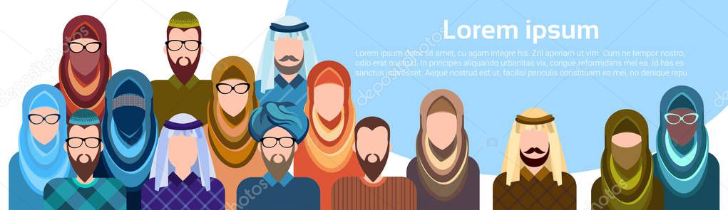 Arab People Group Muslim Arabic Man And Woman Banner With Copy Space