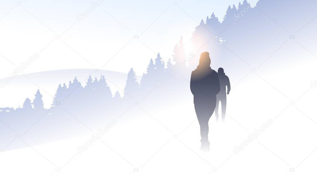 Traveler People Group Silhouette Hiking Mountain Winter Forest Nature Background