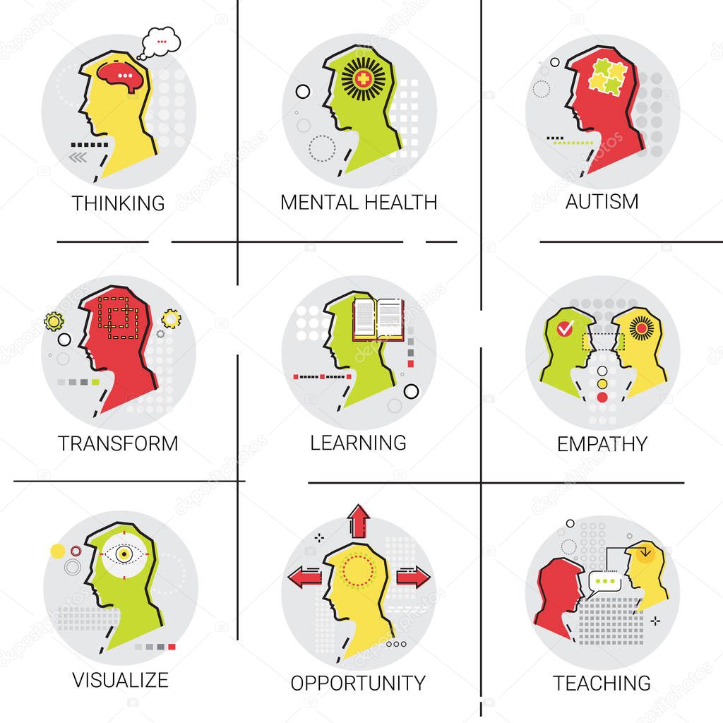 Autism Mental Health Brain Activity, People Feeling, Knowledge Learning Online Education Icon Set