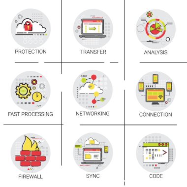 Sync senkronize Internet bulut ağ teknolojisi veri koruma Icon Set