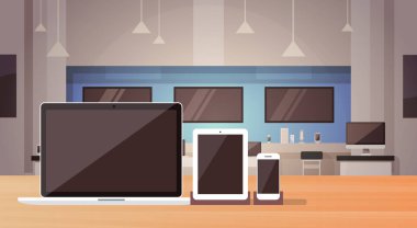 Modern elektronik mağazasından salonu iç afiş kopya alanı ile